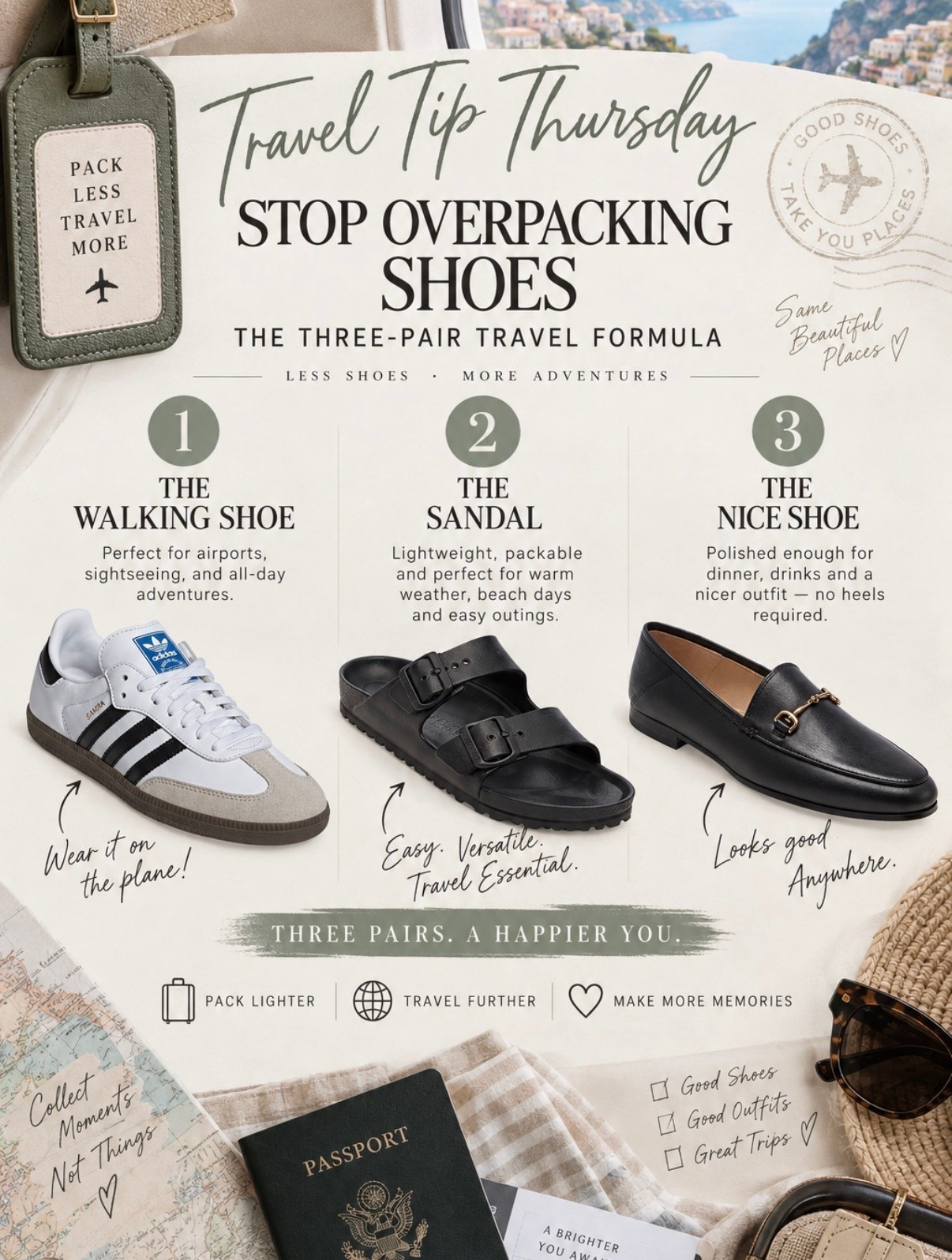 Travel Tip Thursday ✈️👟

Stop overpacking shoes! 🙌 One of the easiest ways to save precious suitcase space is to stick to the 3-pair travel formula:

👟 The Walking Shoe — comfy enough for airports, sightseeing & 20,000-step days
🩴 The Sandal — lightweight, easy to pack & perfect for casual days
🖤 The Nice Shoe — polished enough for dinner, drinks & dressing up

Bonus tip: Wear your bulkiest pair on the plane and pack the other two.

Three pairs. More suitcase space. Less deciding what to wear. More room for the things you find along the way. 😉

Shop my travel shoe picks in my LTK! 🧳

#TravelTipThursday #TravelHacks #PackingTips #TravelStyle #LTKTravel

#LTKTravel #LTKgrwm #LTKOver40