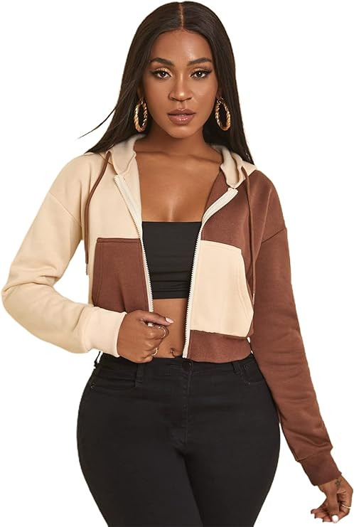 Floerns Women's Color Block Long Sleeve Zip Up Hoodie Sweatshirt Crop Top | Amazon (US)