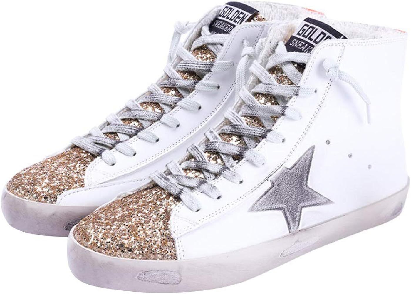 Amazon.com | SATUKI Women's High Top Fashion Flat Sneakers Distressed Design Lace up Star Glitter... | Amazon (US)