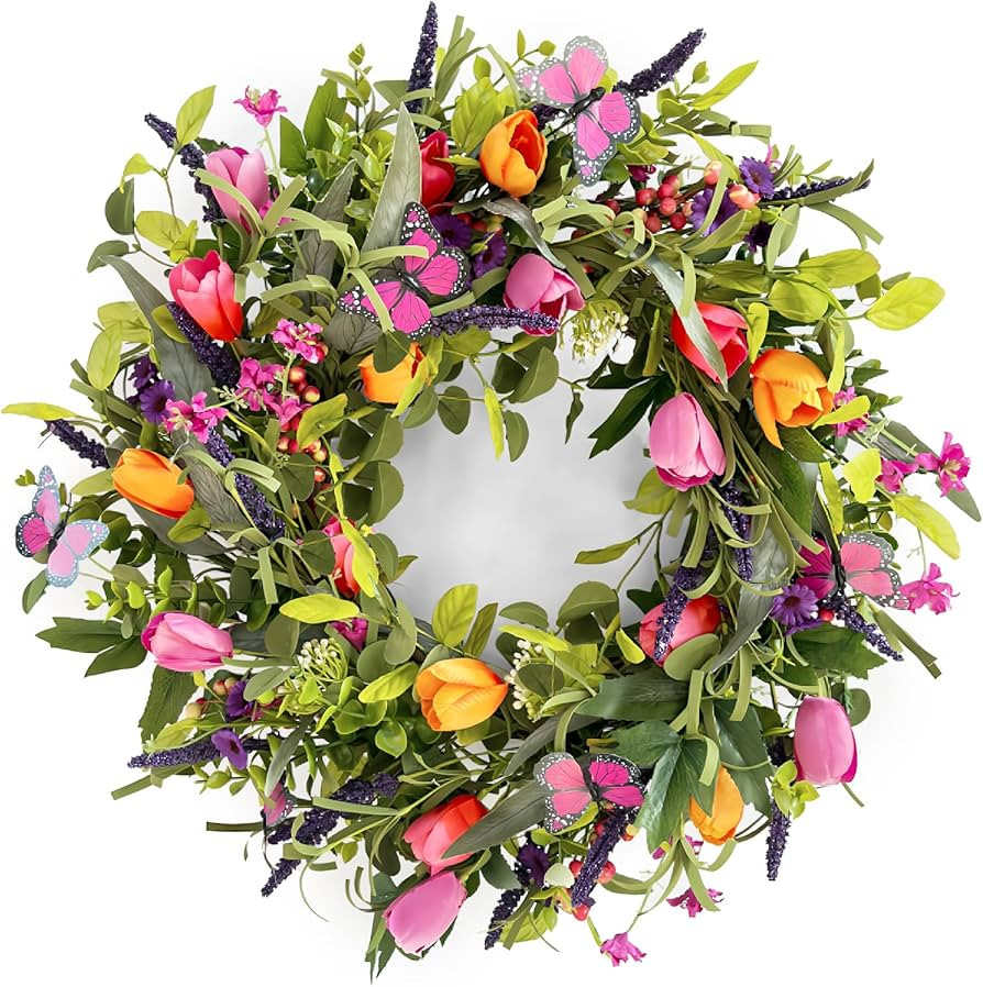 24" Wreaths for Front Door, Wreath with Tulip Wreath, Butterfly, Lavender and Eucalyptus, Vivid A... | Amazon (US)