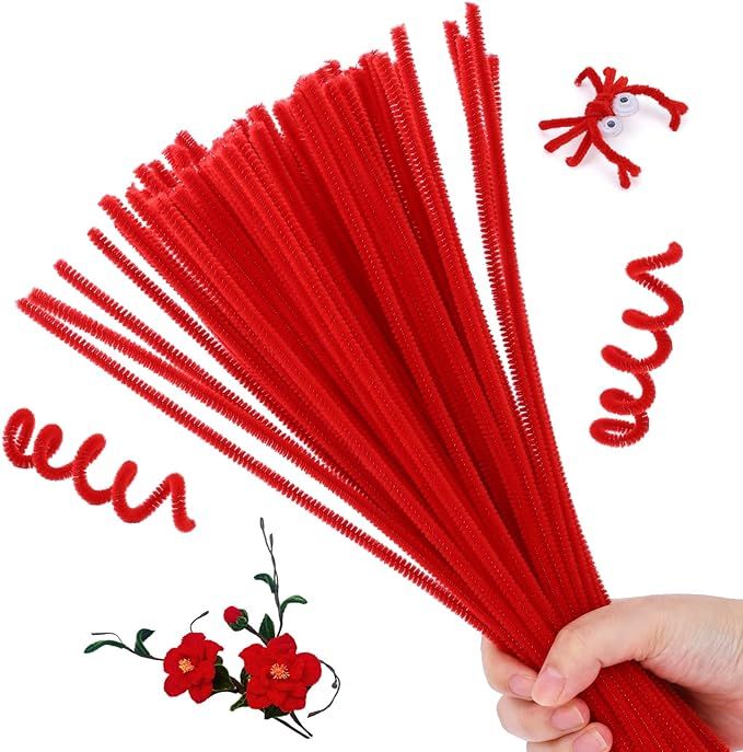 Hssugi Pipe Cleaners, 100PCS Christmas Pipe Cleaners Craft Supplies, Red Pipe Cleaners Bulk Fuzzy... | Amazon (US)