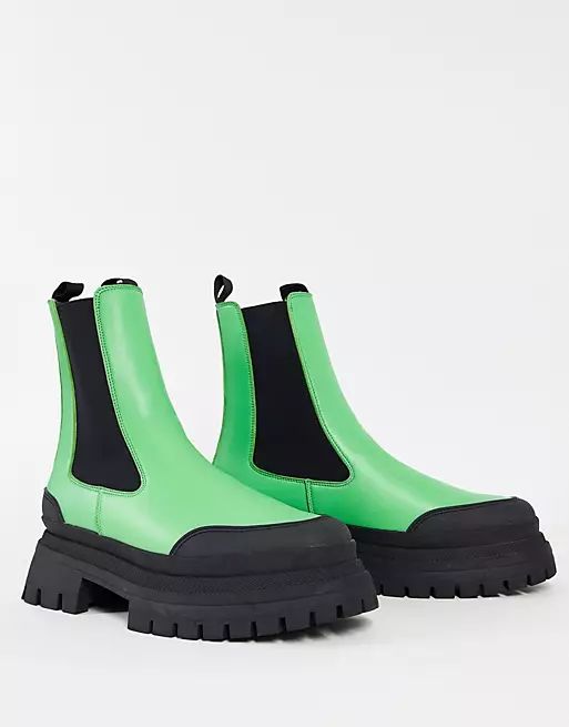 ASOS DESIGN super chunky sole Chelsea boot with rubber toe cap in green faux leather | ASOS (Global)