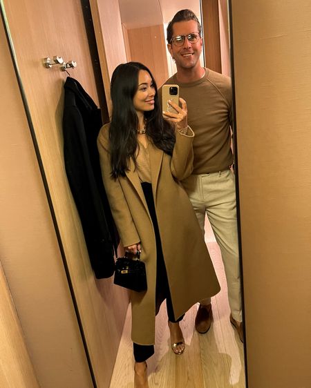 Kat Jamieson wears a camel coat, trousers and gold heels to dinner. Date night, winter outfit, spring transition, classic style, neutrals, sweater, workwear. 

#LTKitbag #LTKshoecrush #LTKworkwear
