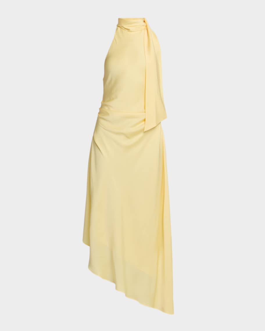 SIMKHAI Monica High-Low Satin Halter Midi Dress | Neiman Marcus