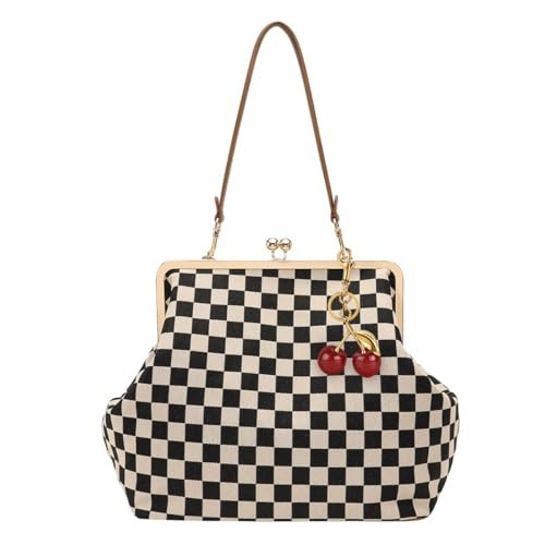 Duyijiff Checkered Kiss Lock Bag - Large Kisslock Purses and Handbags Women Tote Purse Top Handle Bags Shoulder Bag (Brown) | Amazon (US)