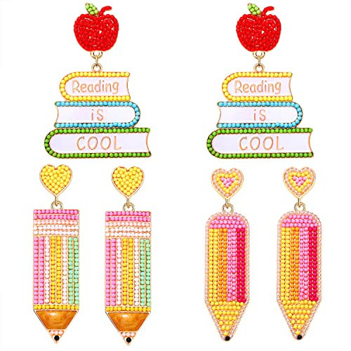 2/3Pairs Teacher Earrings for Women Beaded Pencil Dangle Earrings Statement Apple Book Drop Earrings Teacher Appreciation Gifts Back To School Jewelry Set (3 Pairs 1) | Amazon (US)