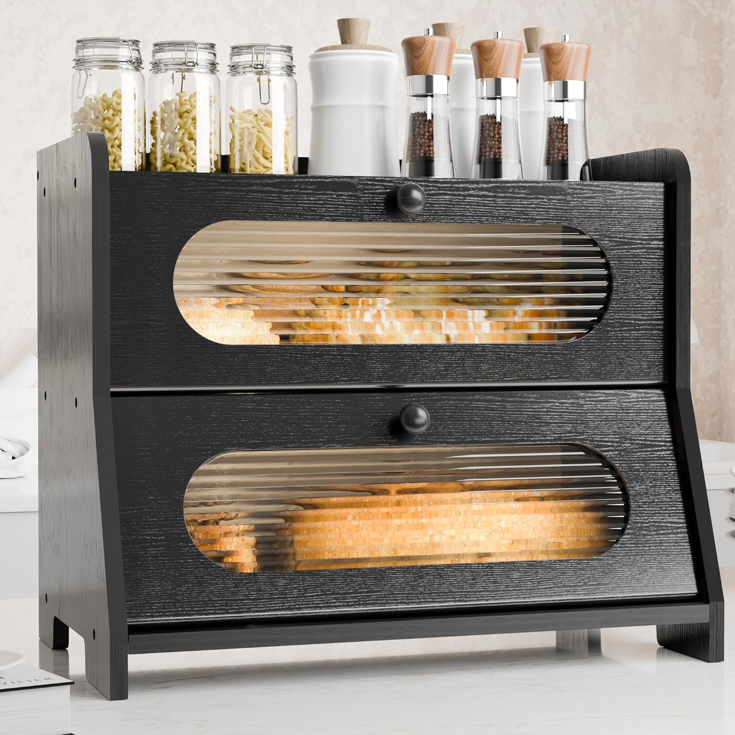 Bread Box for Kitchen Countertop,Double Layer Large Capacity Bamboo Bread Storage Container with ... | Amazon (US)