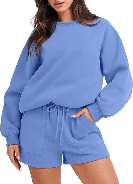 ANRABESS Women 2 Piece Outfits Sweatsuit Oversized Sweatshirt & Lounge Shorts 2023 Casual Cozy Pa... | Amazon (US)