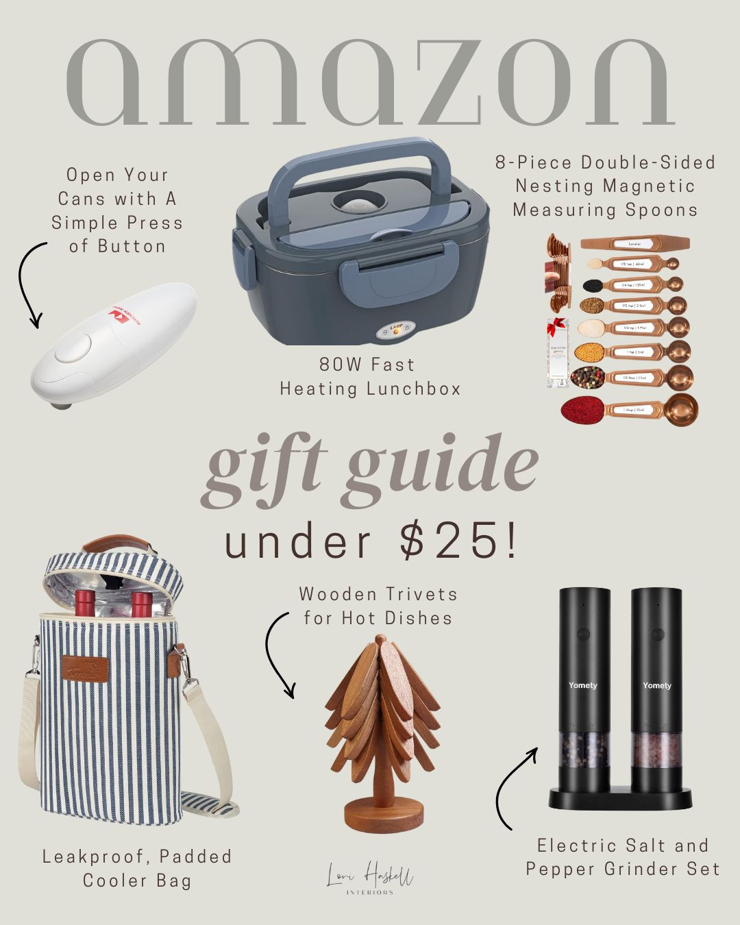 Amazon Gift Guide Under $25! Insulated wine bag. Electric can opener. Electric salt & pepper shakers. Copper measuring spoons. Heated lunch box. 

 #LTKGiftGuide #LTKmomlife #LTKFindsUnder50