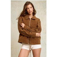 Brown Lace Up Faux Suede Boxy Jacket | PrettyLittleThing US