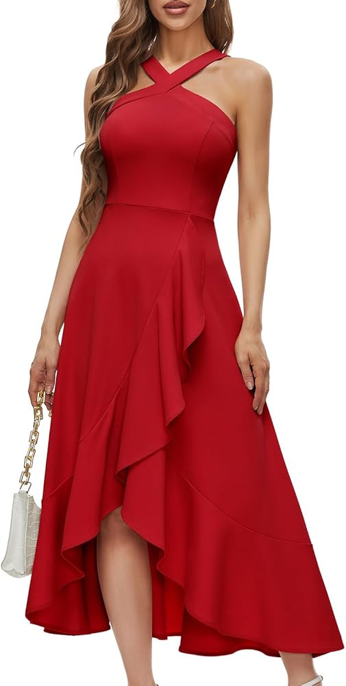 Bbonlinedress Halter Cocktail Women Dresses Prom Formal Wedding Bridesmaid Dress Ruffled Maxi Hi-... | Amazon (US)