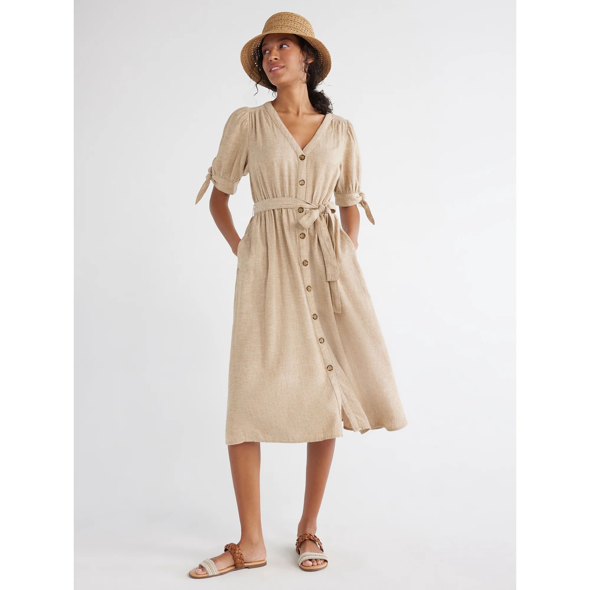 Time and Tru Women's and Women's Plus Tie Sleeve Linen Blend Midi Dress, Sizes XS-4X - Walmart.co... | Walmart (US)