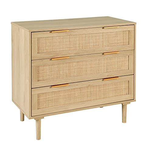 HOPUBUY 3 Drawer Dresser for Bedroom, Rattan Modern Closet Dressers Chest of Drawers, Wood Oak Storage Chest for Kids Bedroom, Hallway, Living Room | Amazon (US)