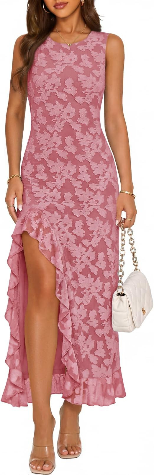 MEROKEETY Women's Summer Sleeveless Formal Wedding Guest Cocktail Dresses | High Slit, Ruffle Hem... | Amazon (US)