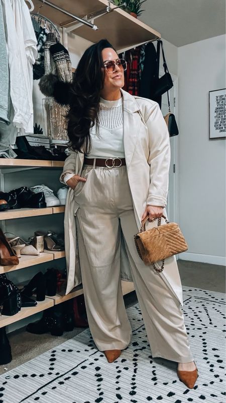 Midsize Walmart work outfit Inspo 
Spring transition workwear 
Faux leather cream trench coat is an xl 
Obsessed with this cream sweater, the cut is stunning xl 
Wide leg cargo pants xl (elastic waist) 
@walmartfashion #walmartpartner 

#LTKworkwear #LTKstyletip #LTKmidsize