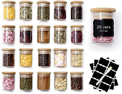 ZPGXLRZ 20 Pcs Glass Spice Jars with Airtight Bamboo Lids, Labels and Pen, 2.5oz Mini Clear Food ... | Amazon (US)