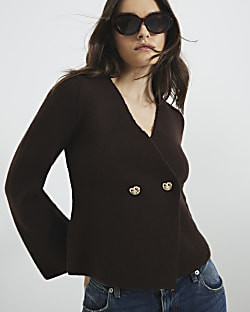 Brown Long Sleeve Asymmetric Button Cardigan | River Island UK & IE