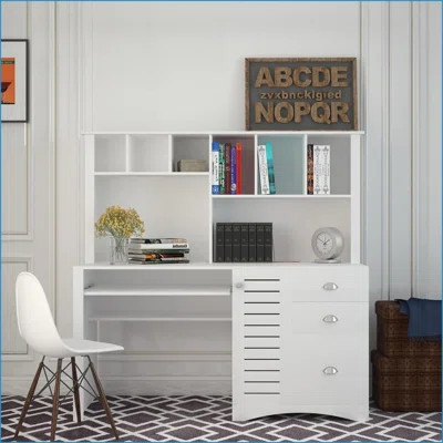 Desks | Antiqued White Home Office Desk with Hutch | 59” Wide | Storage & Cable Management | MDF | White | Wayfair North America