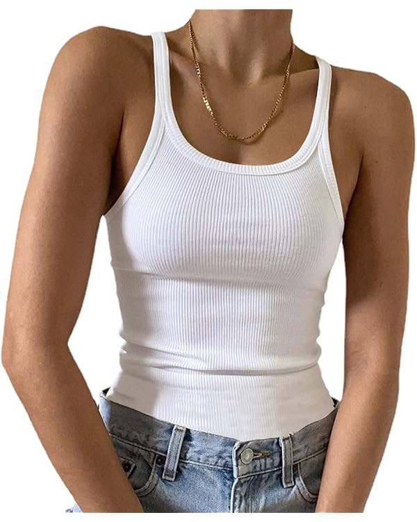 Artfish Women's Sleeveless Tank Top Form Fitting Scoop Neck Ribbed Knit Basic Cami Shirts | Amazon (US)
