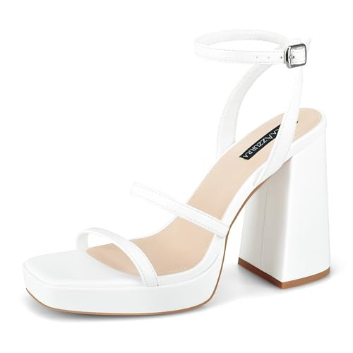 MIRAAZZURRA Platform Strappy Heel Sandals Square Open Toe Two Strap Chunky High Heeled Sandals with Buckle Ankle Strap for Women Party Wedding Dress White 8.5 | Amazon (US)