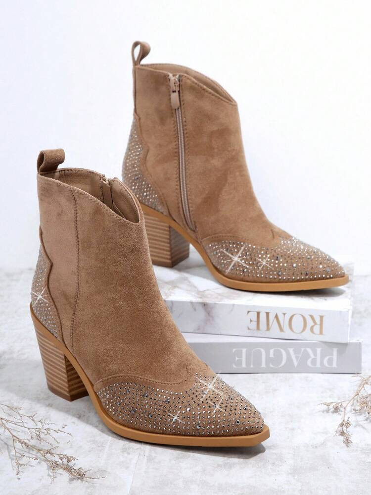 SHUZIA Rhinestone Decor Chunky Heeled Boots | SHEIN