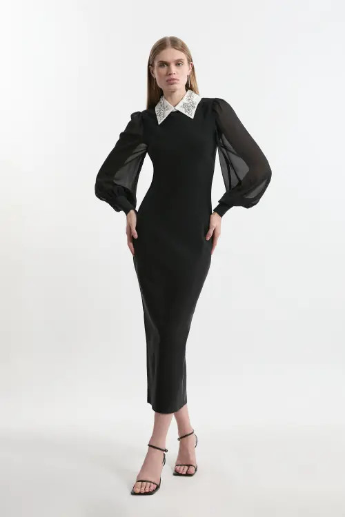 Karen Millen Embellished Collar Knit Midi Dress in Black at Nordstrom, Size X-Small | Nordstrom