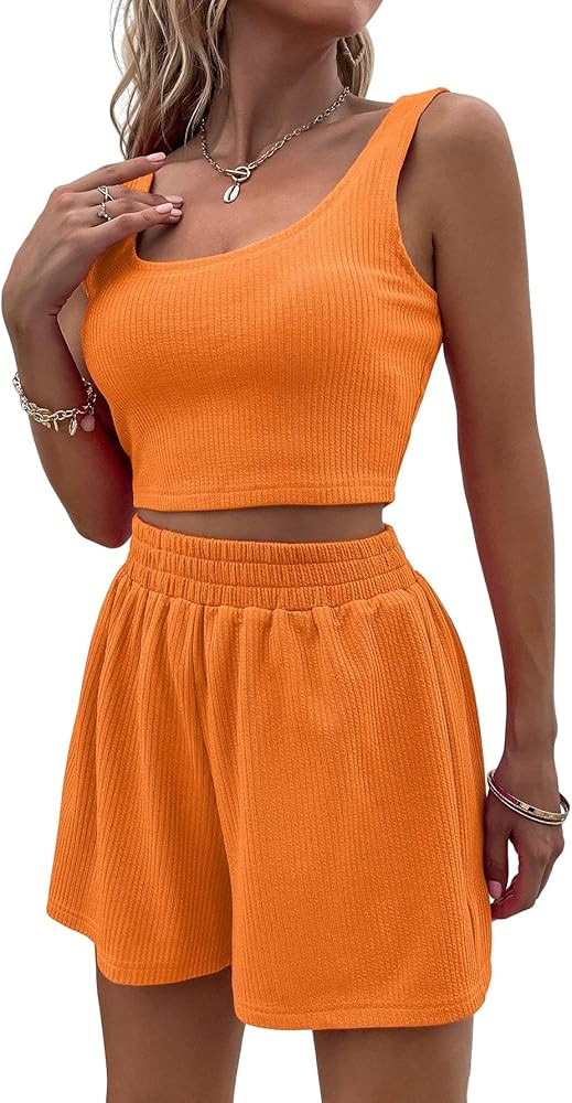 COZYEASE Women's 2 Piece Outfit Ribbed Solid Sleeveless Crop Top and Shorts Lounge Tracksuit Sets | Amazon (US)