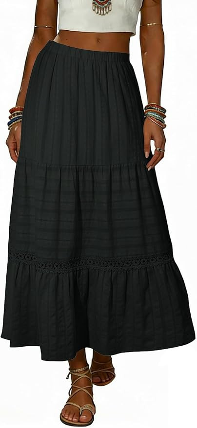BLENCOT Long Skirts for Women Boho Crochet Lace High Waisted A-Line Cotton Tiered Maxi Skirt | Amazon (US)