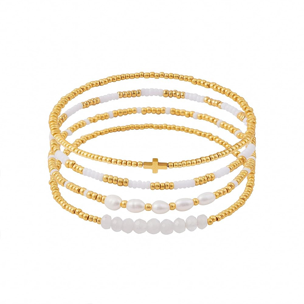 Dainty Gold Plated Pearl Crystal Beaded Bracelets Set for Women 14K Gold Plated Bead Pearl Crysta... | Amazon (US)