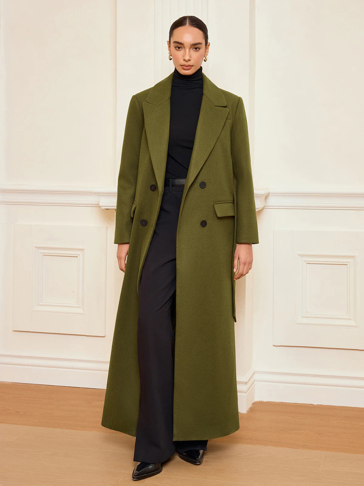 Double-Breasted Belted Long Coat | Commense