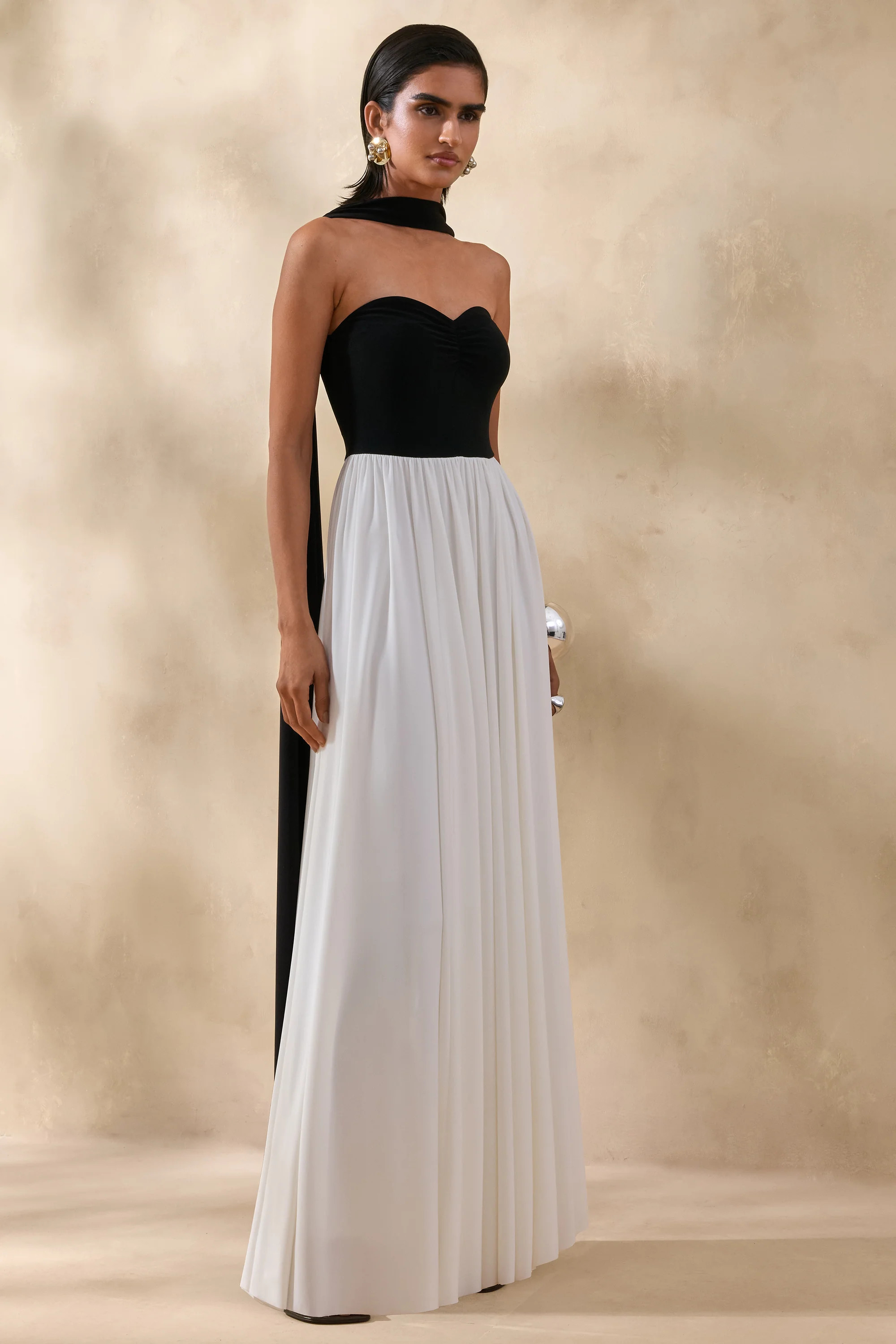 Beamora | Black & White Bandeau Maxi Dress With Cape | Club L London