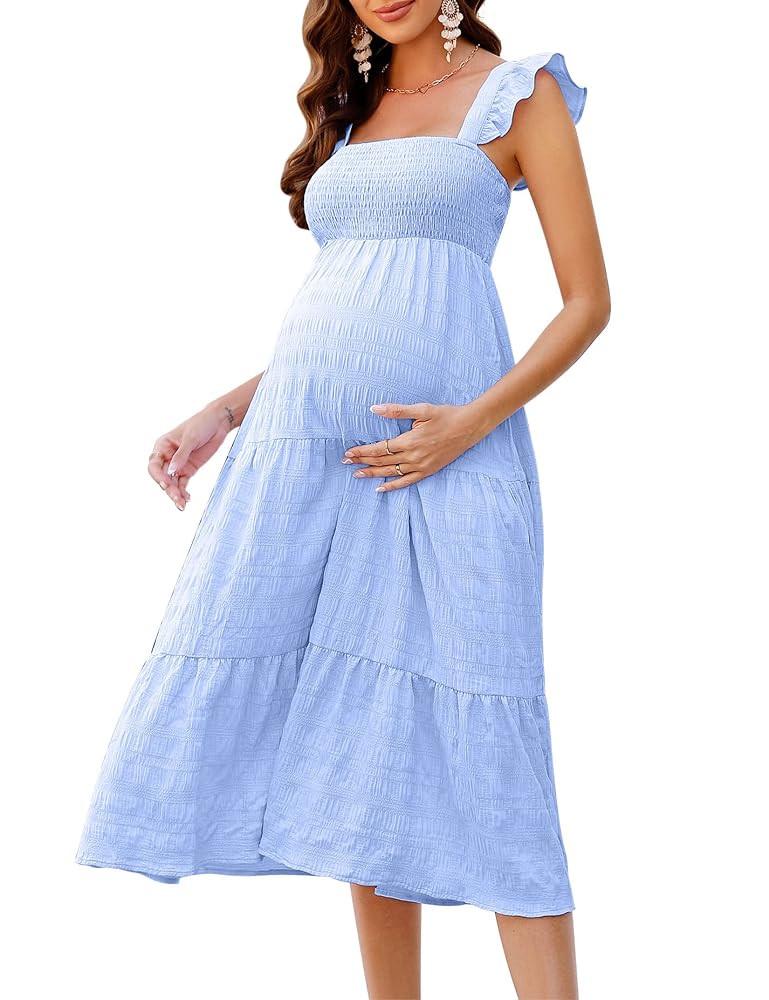 KOJOOIN Womens Maternity Dress Summer Sleeveless Smocked Square Neck Ruffle Casual Boho Midi Dres... | Amazon (US)