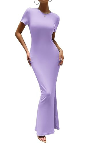 VintageClothing Women's Summer Bodycon Maxi Dress Casual Short Sleeve Y2k Sexy Tight Long Dresses Lounge Ribbed Tshirt Dress, L Purple | Amazon (US)