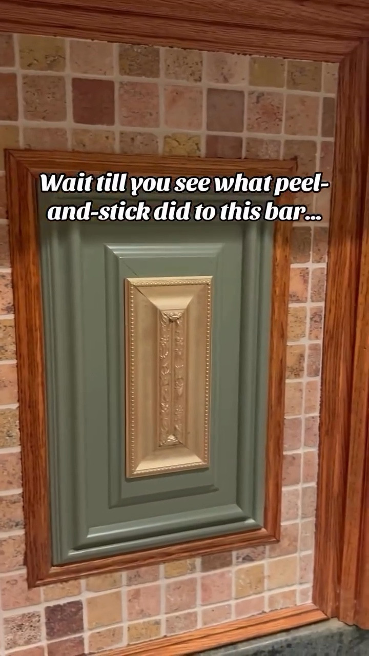 Turning my bar from "meh" to moody lounge with peel-and-stick tile. And trust me... I am not creative or handy. I'm not a designer. I'm just a mom trying to make things look decent without spending a fortune. If I can pull this off, anyone can.

• Warm the tile first. A quick hit with a hair dryer helps it curve and stick better.
• Start in the most visible spot. Your eye will always land there.
• Use a level or anything straight.
• Press those edges hard. Credit card, scraper, whatever you've got.
#BarMakeover #PeelAndStick #DIYHomeProjects #BeforeAndAfterHome #HomeRenovation