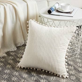 Fancy Homi Pack of 2 Boho Decorative Throw Pillow Covers with Pom-poms, Soft Corduroy Accent Soli... | Amazon (US)