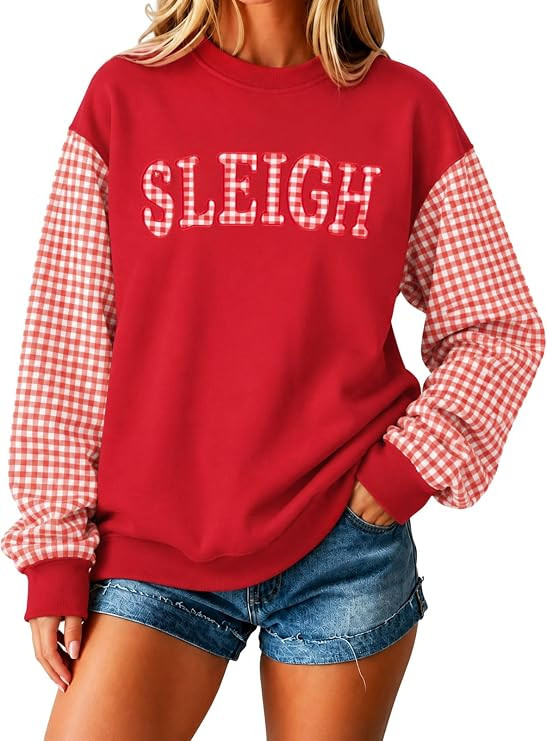 KIDDAD Womens Christmas Applique Sweatshirt Merry Gingham Sleeve Pullover | Amazon (US)