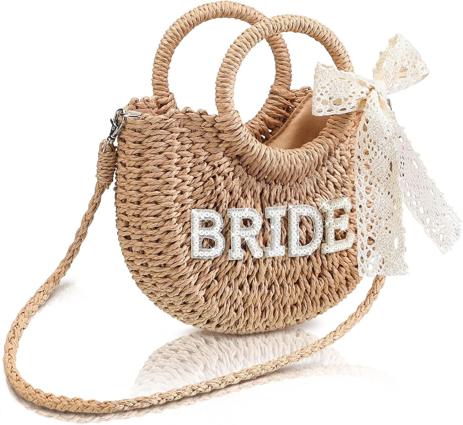 Bride Straw Purse Mrs Handmade Summer Handbag Bride Women Beach Bag Rhinestone Letter Patches Bow... | Amazon (US)