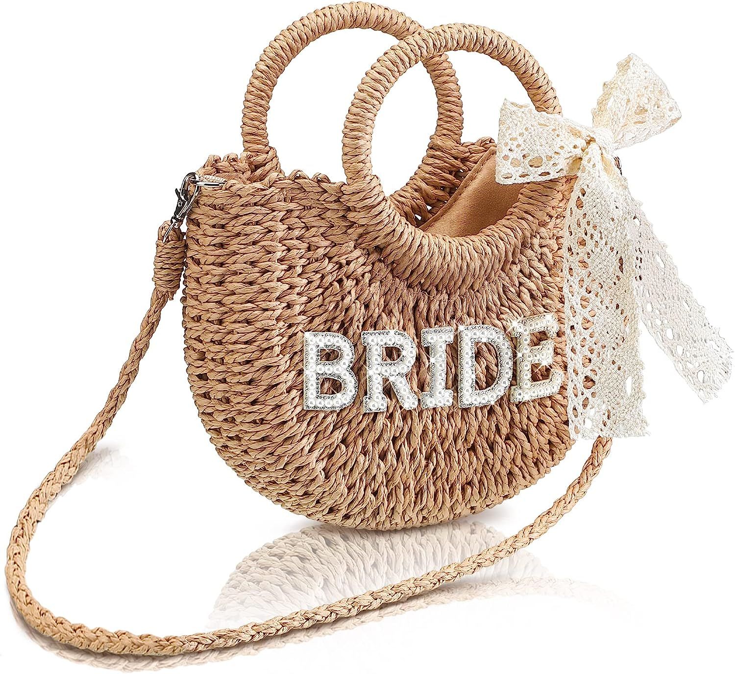 Bride Straw Purse Mrs Handmade Summer Handbag Bride Women Beach Bag Rhinestone Letter Patches Bow... | Amazon (US)