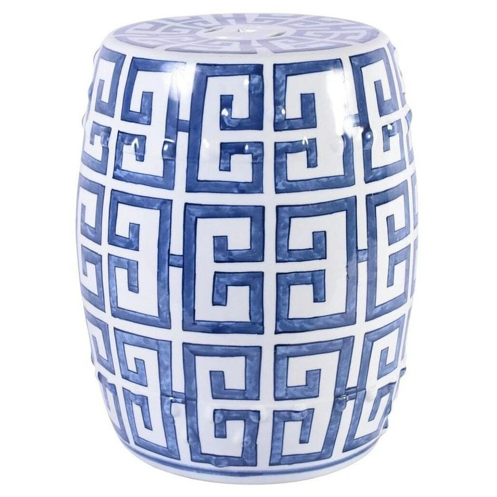 Cole Modern Classic Blue and White Porcelain Greek Key Outdoor Garden Stool | Kathy Kuo Home