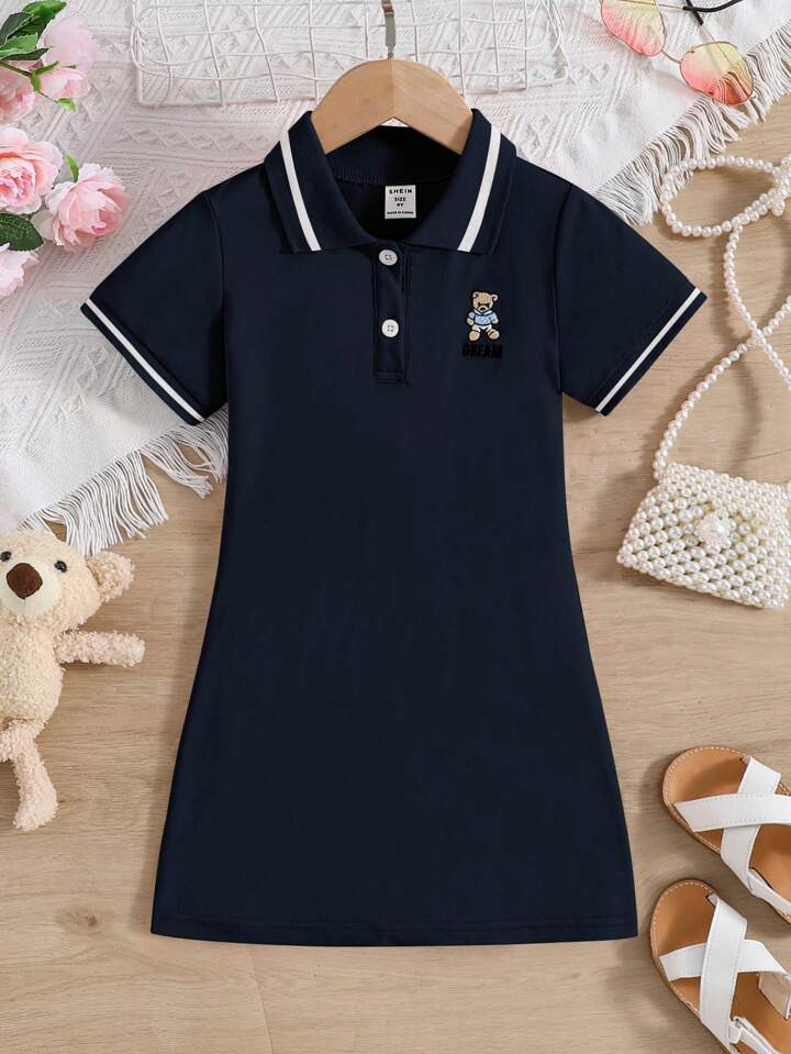 SHEIN Young Girl Bear Embroidery Contrast Trim Polo Neck Tee Dress | SHEIN