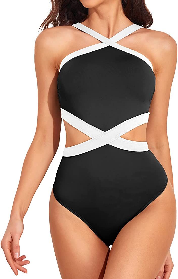 Holipick Women's High Neck One Piece Swimsuit Cutout Monikini Bathing Suit Criss Cross Swimwear | Amazon (US)