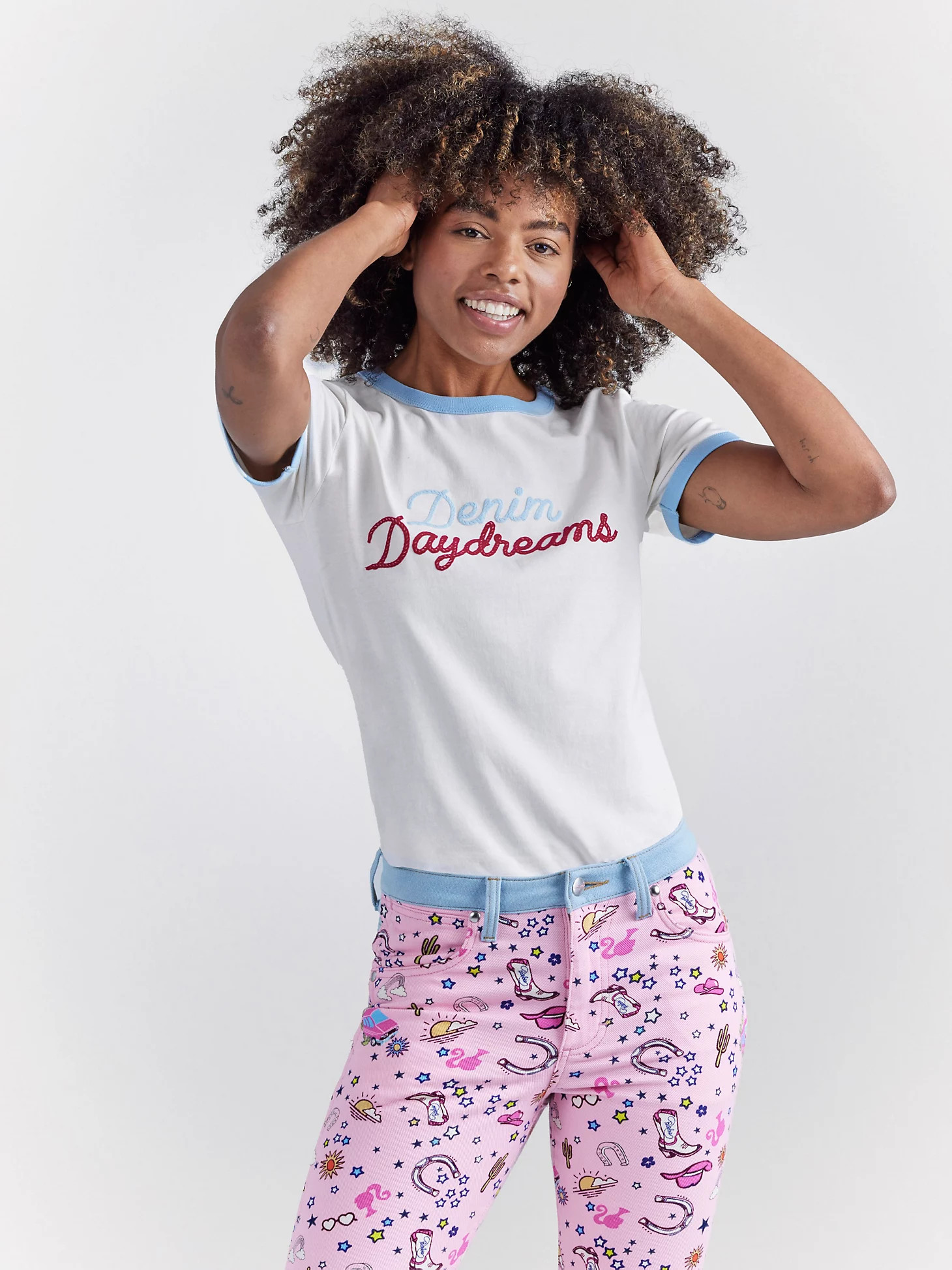 Wrangler x Barbie™ Denim Daydreams Slim Ringer Tee in Worn White | Wrangler