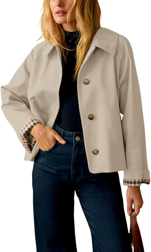 Yeokou Women Oversize Trench Coat Plaid Lining Lapel Button Down Casual Crop Jacket Outwear with ... | Amazon (US)