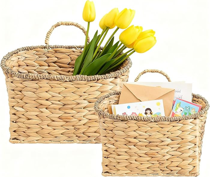 Set of 2 Woven Hanging Basket, Water Hyacinth Handmade Wicke Hanging Wall Baskets for Organizing,... | Amazon (US)