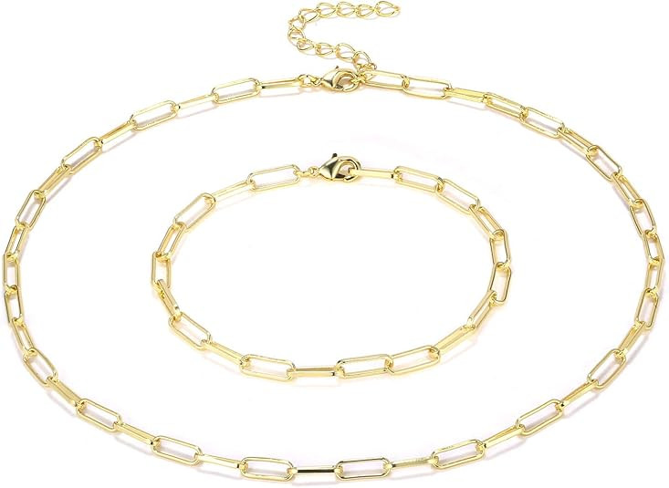 KISSPAT 14K Gold Plated Paperclip Link Chain Necklace Bracelet Set for Women Girls | Amazon (US)