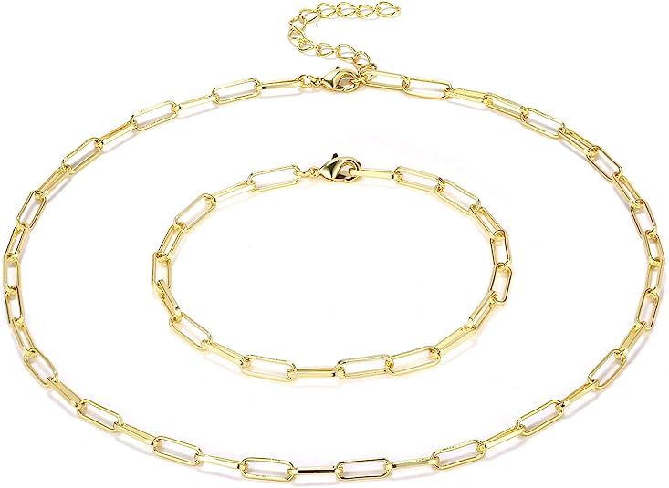 KISSPAT 14K Gold Plated Paperclip Link Chain Necklace Bracelet Set for Women Girls | Amazon (US)