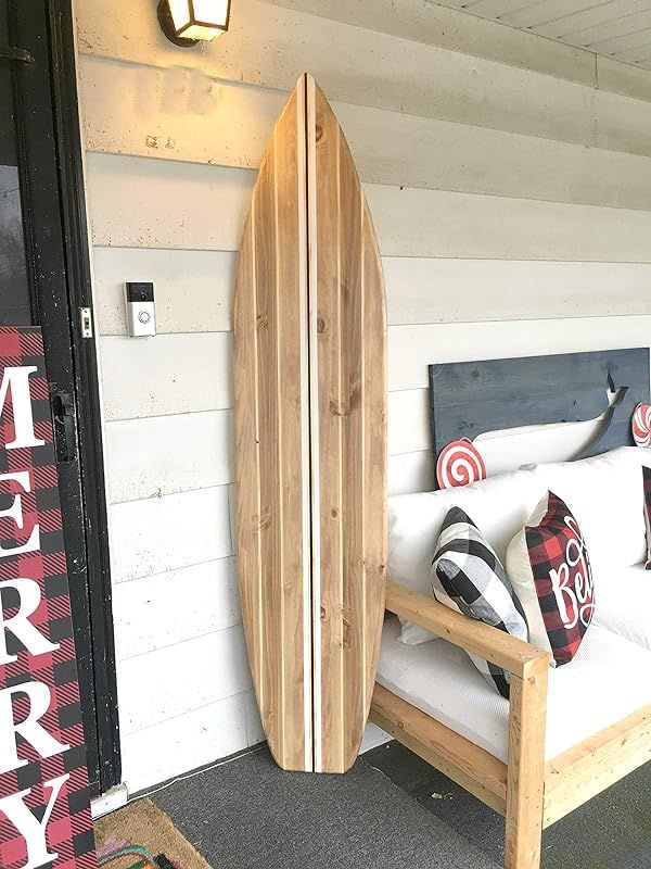 Large 6 foot wood Surfboard Wall Art Light Vintage stained style with stripes | Amazon (US)