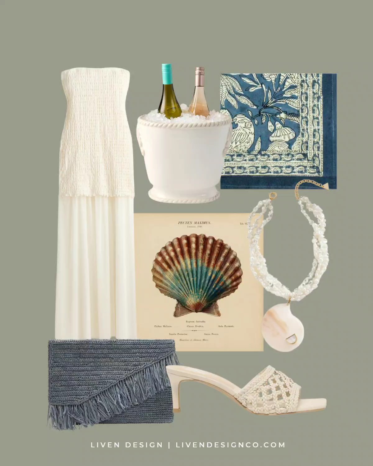 New discoveries. Summer style. Block print napkins. Shell art print. Cream strapless dress. Woven heels. Ice bucket. Shell statement necklace. Woven clutch 

#LTKSeasonal #LTKSaleAlert #LTKHome