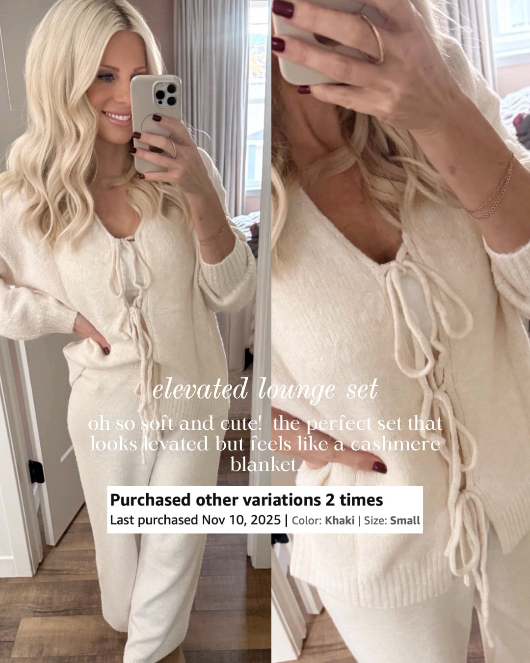 ELEVATED LOUNGE SET — SOFT, CHIC, AND COZY! This elevated lounge set is unbelievably soft and feels like wrapping up in a cashmere blanket. The relaxed fit and feminine tie-front detail make it look polished while still being comfortable enough for all-day wear. A cozy, elevated matching set that’s perfect for lounging, errands, or travel — stylish, flattering, and the kind of piece you’ll reach for constantly.

#Amazon #TheHillaryStyle #LoungeSet #CozyStyle #NeutralOutfits #AmazonFashionFinds #ChicComfort #EverydayStyle #ElevatedBasics #WinterWardrobe 

 #LTKmomlife #LTKSeasonal #LTKOver40