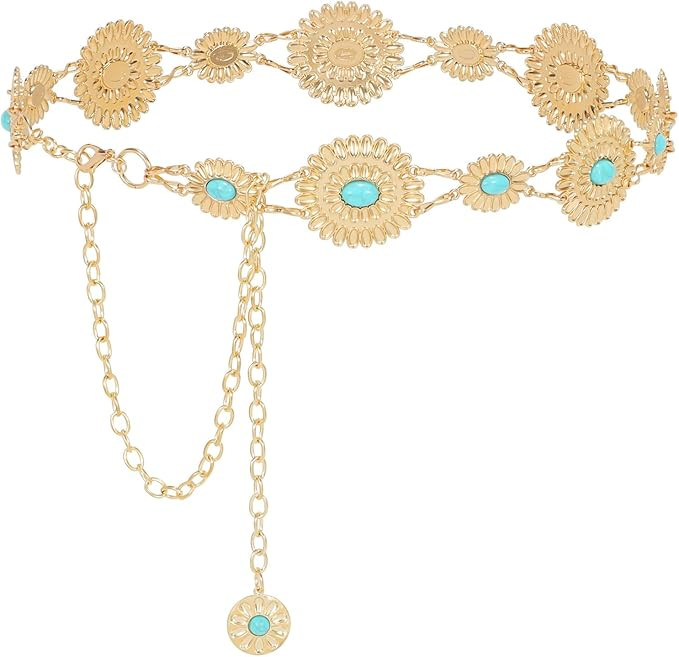 WHIPPY Women Concho Chain Belt Metal Link Western Cowgirl Turquoise Chain Belt for Dress | Amazon (US)